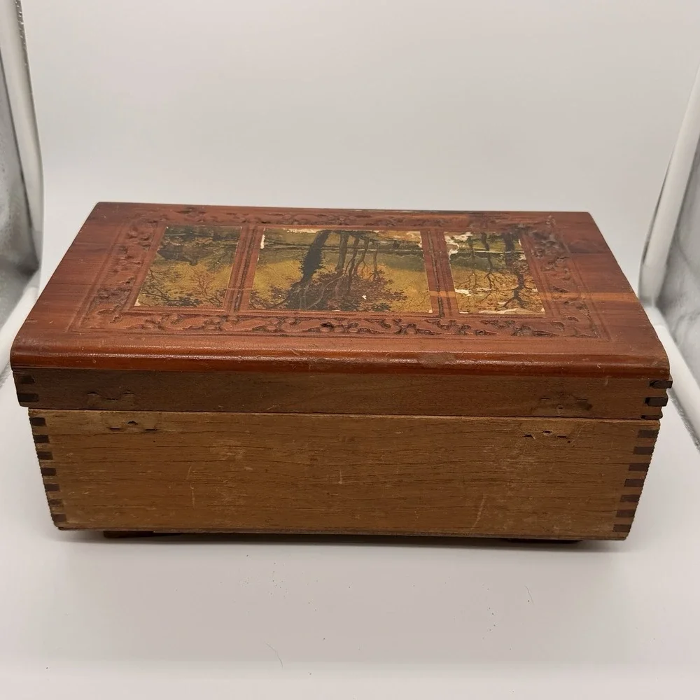 Wooden Jewelry Sewing Box, Vintage with Mirror Lid No Hardware Blue Felt Lining